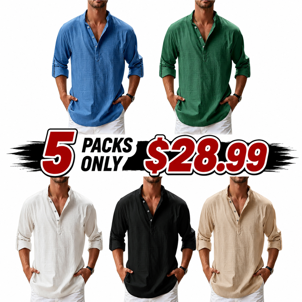 Men's Cotton And Linen Stand Collar Basic Casual Long-Sleeved Shirt
