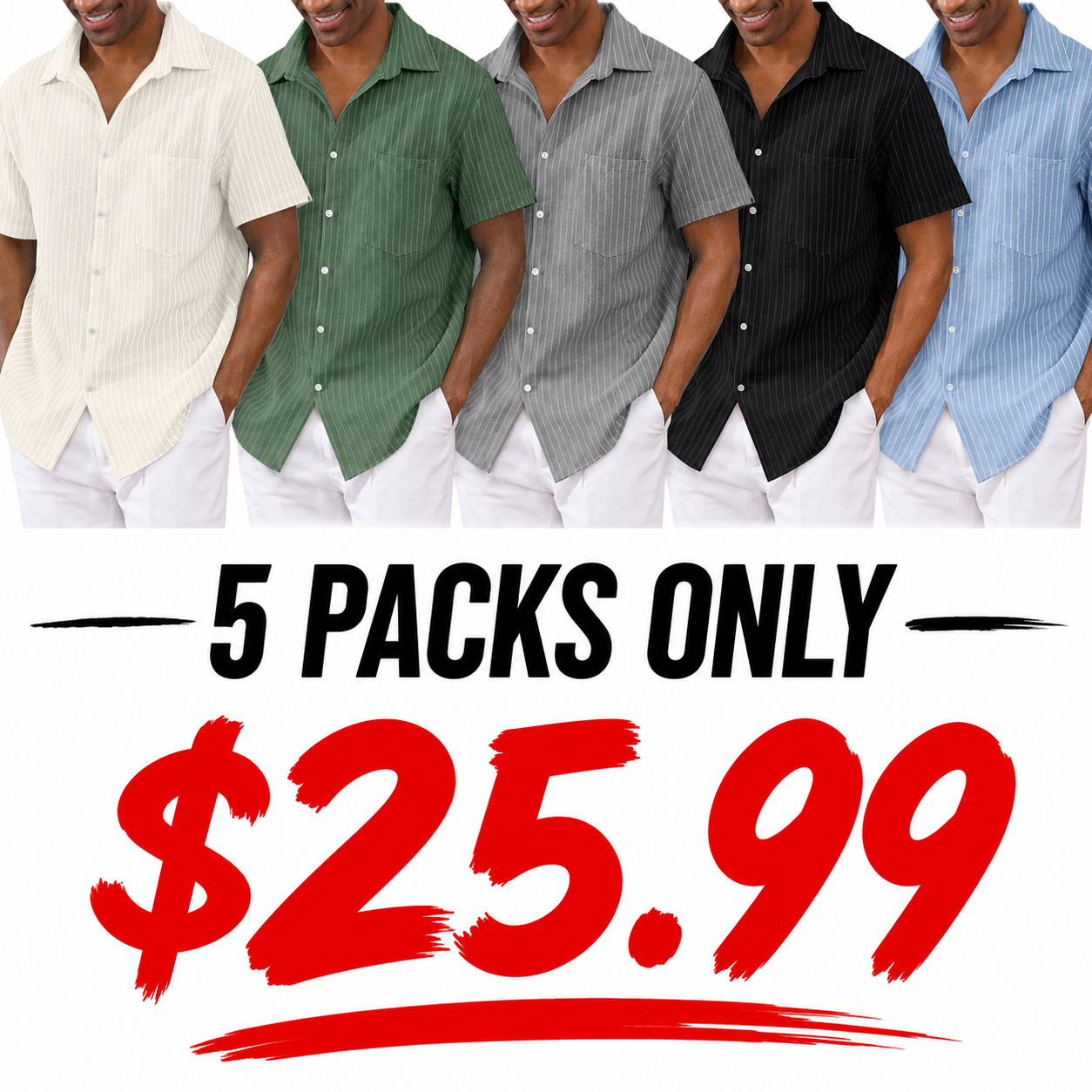 Men's Striped Cotton Linen Pocket Hawaiian Casual Short Sleeve Shirt
