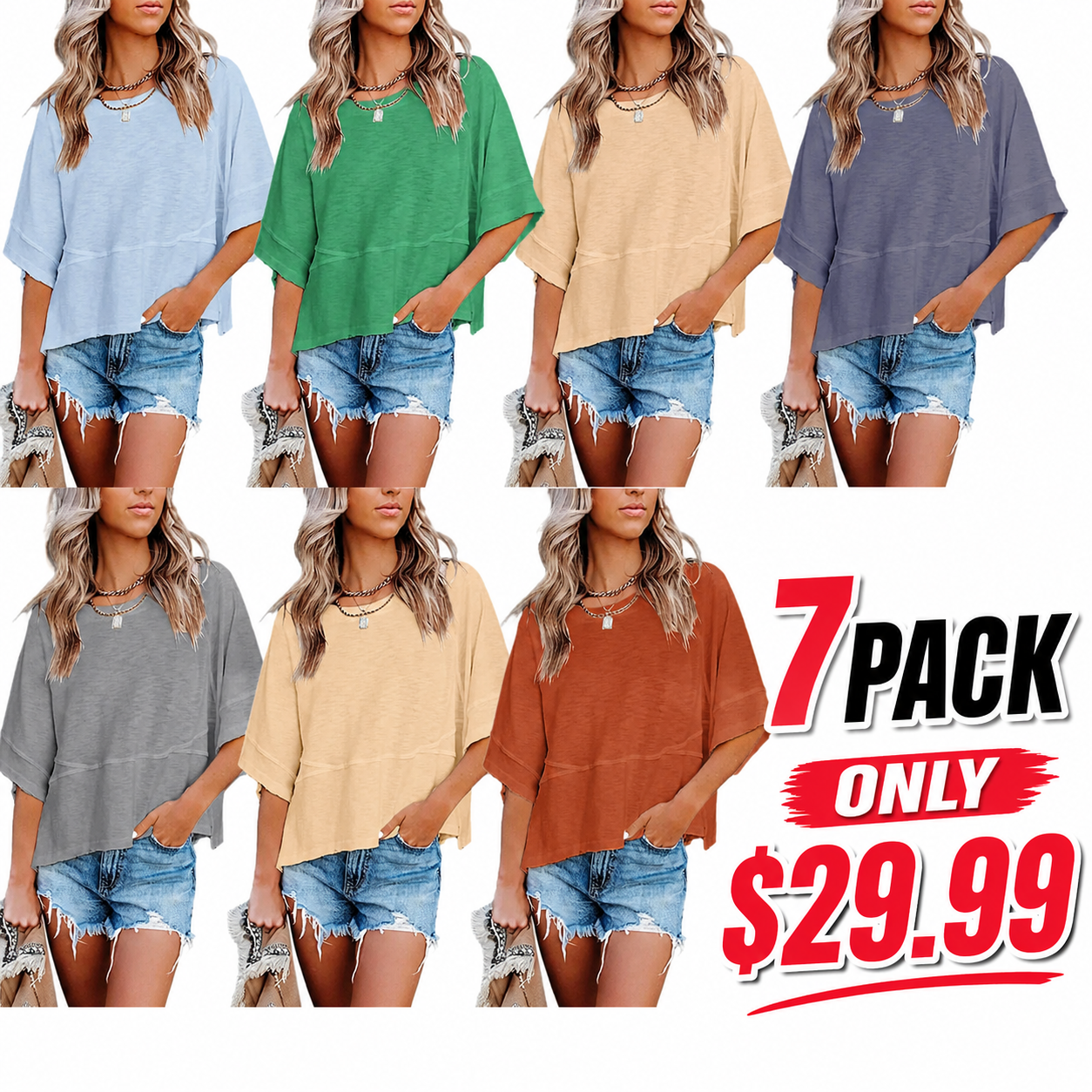 Women's Summer Casual Crewneck Batwing Half Sleeve T-Shirts Solid Color Loose Fit Cute Basic Flowy Tops Tees Blouses