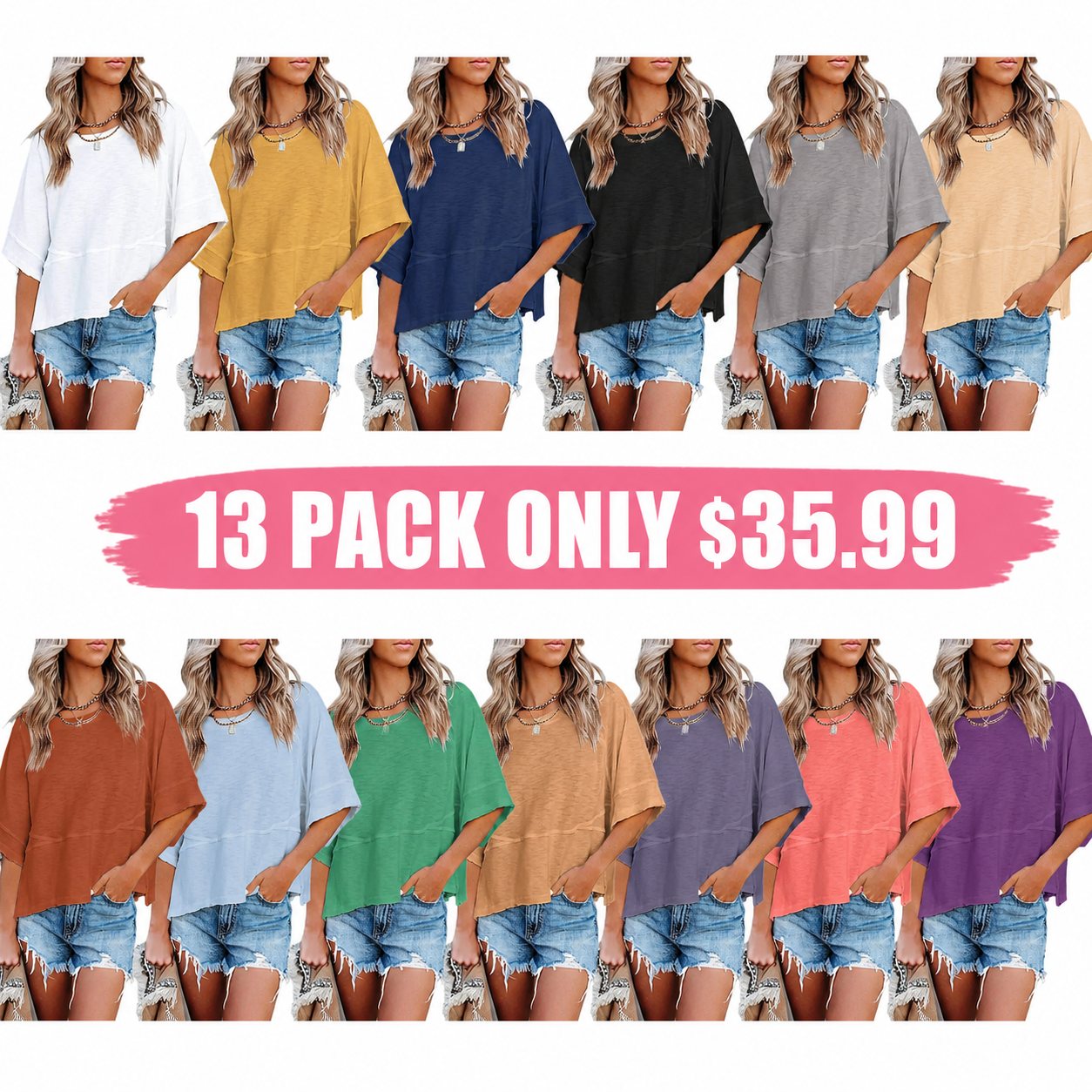 Women's Summer Casual Crewneck Batwing Half Sleeve T-Shirts Solid Color Loose Fit Cute Basic Flowy Tops Tees Blouses