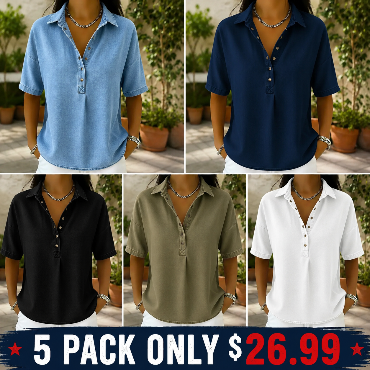 Today 49% off🔥Women's Relaxed Denim-Style Button Detail Top