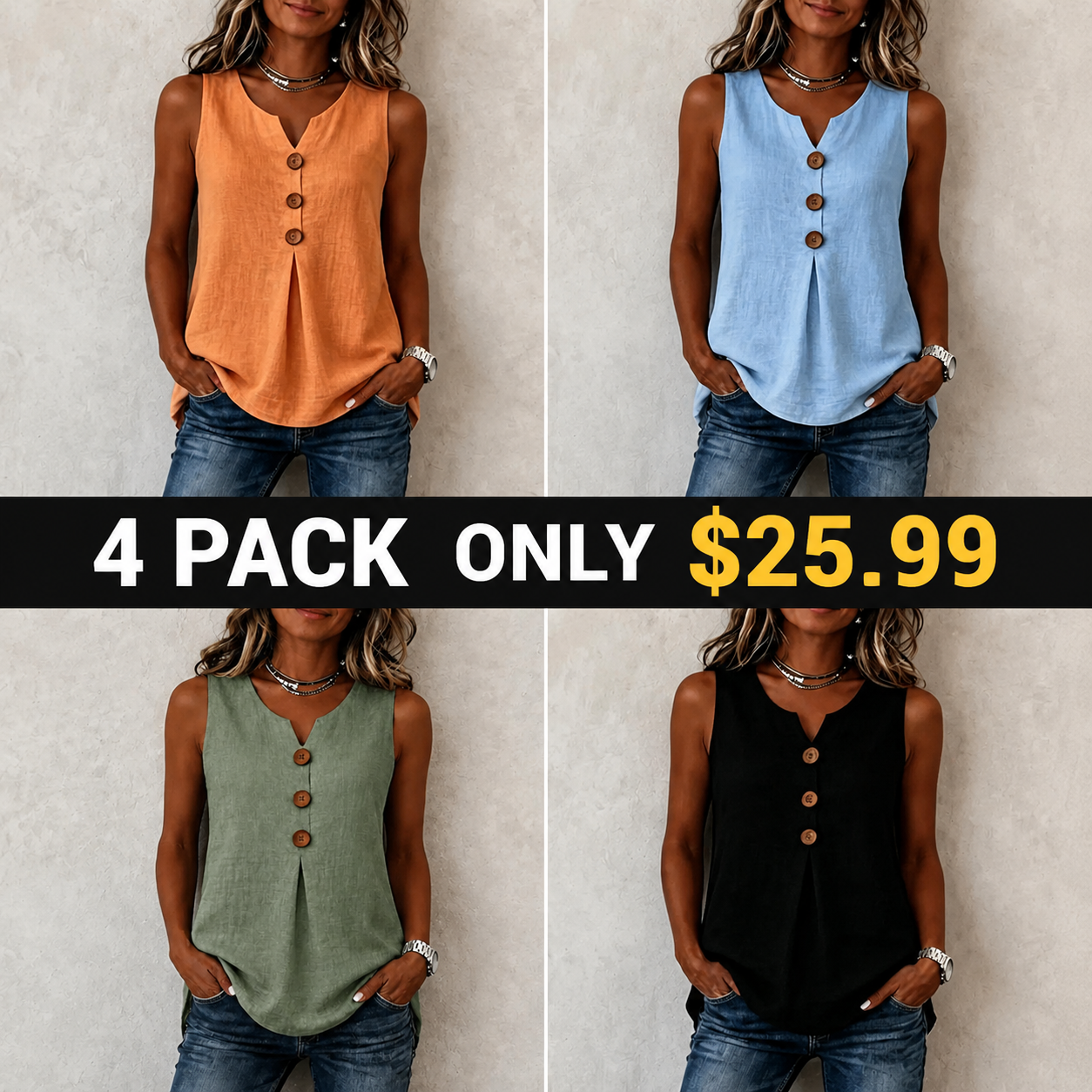 Three-Button Sleeveless Solid Color Tank Top