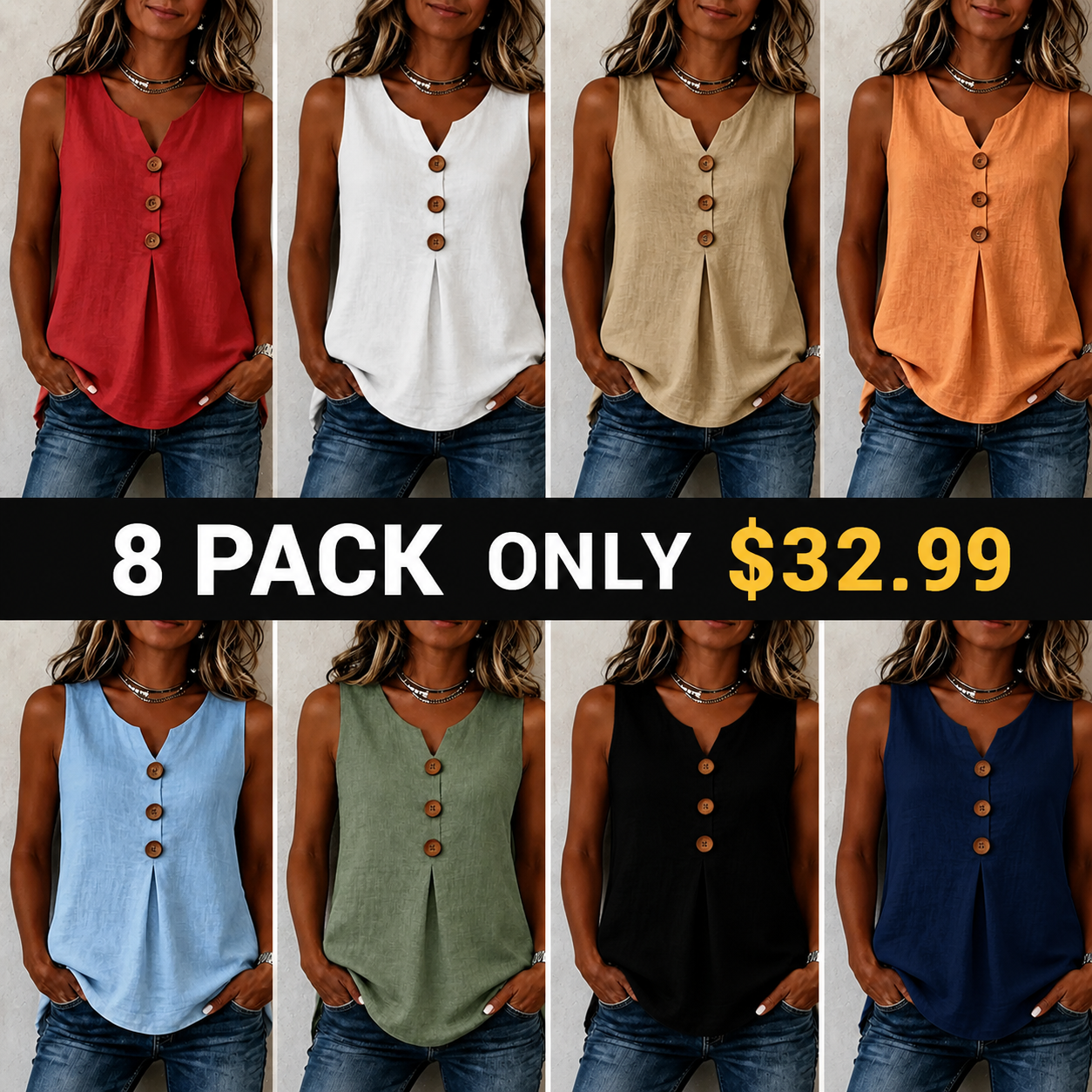 Three-Button Sleeveless Solid Color Tank Top