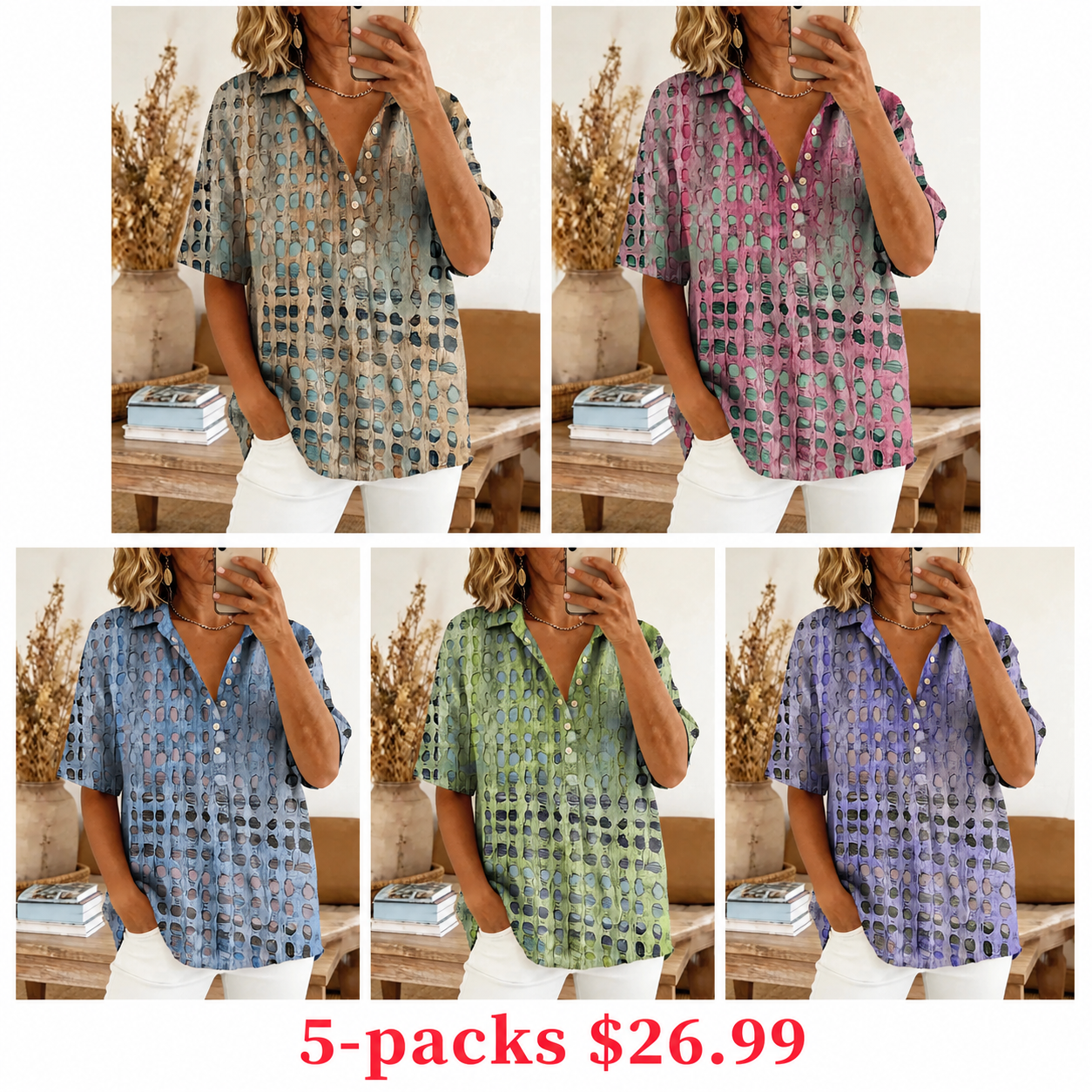 Women's Retro Art Print Casual Short-sleeve Cotton Linen Shirt