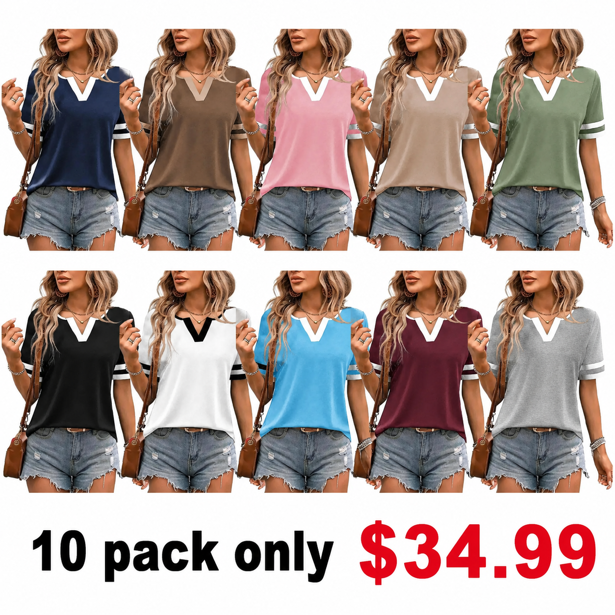 ✨Women's V-Neck Short Sleeve Fitted Cotton Blend Striped Breathable for Daily Wear