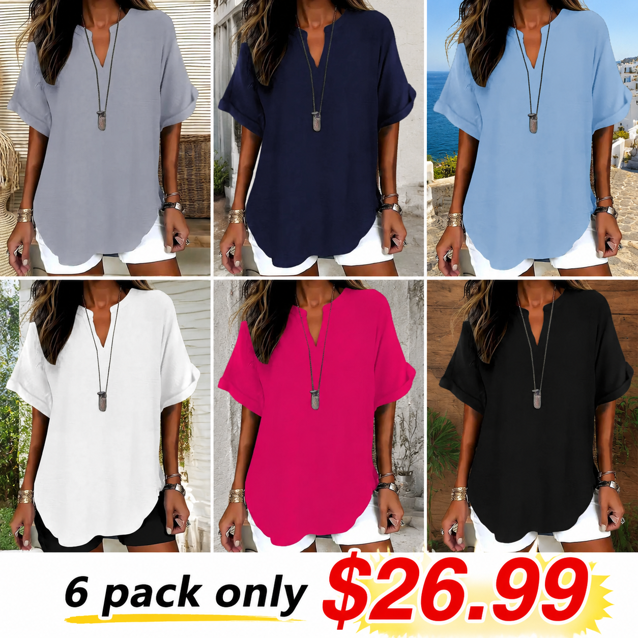 🔥Women's Plain Short Sleeve Blouse, Casual Solid Color Top for Daily Wear, Ladies Clothes for All Seasons