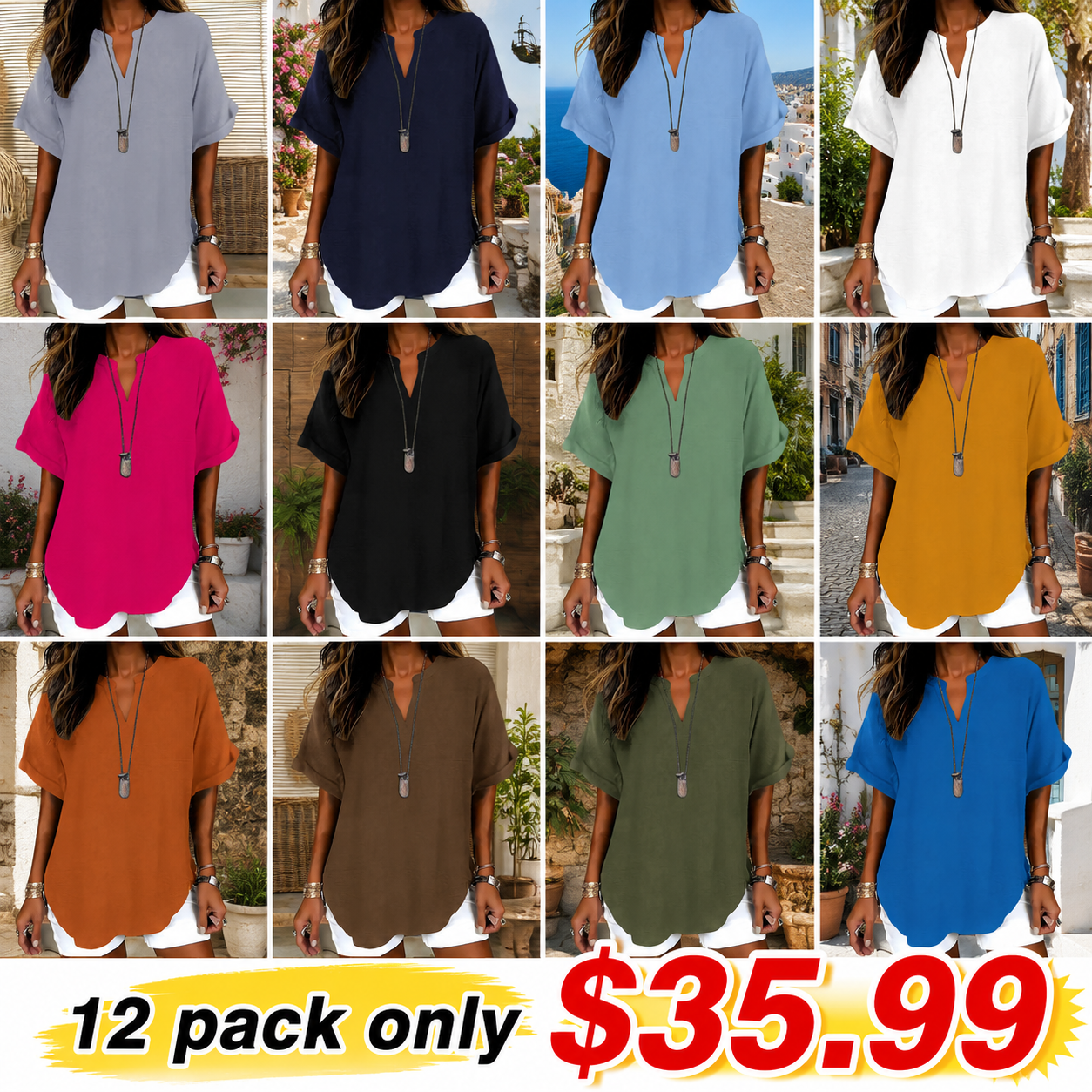 🔥Women's Plain Short Sleeve Blouse, Casual Solid Color Top for Daily Wear, Ladies Clothes for All Seasons