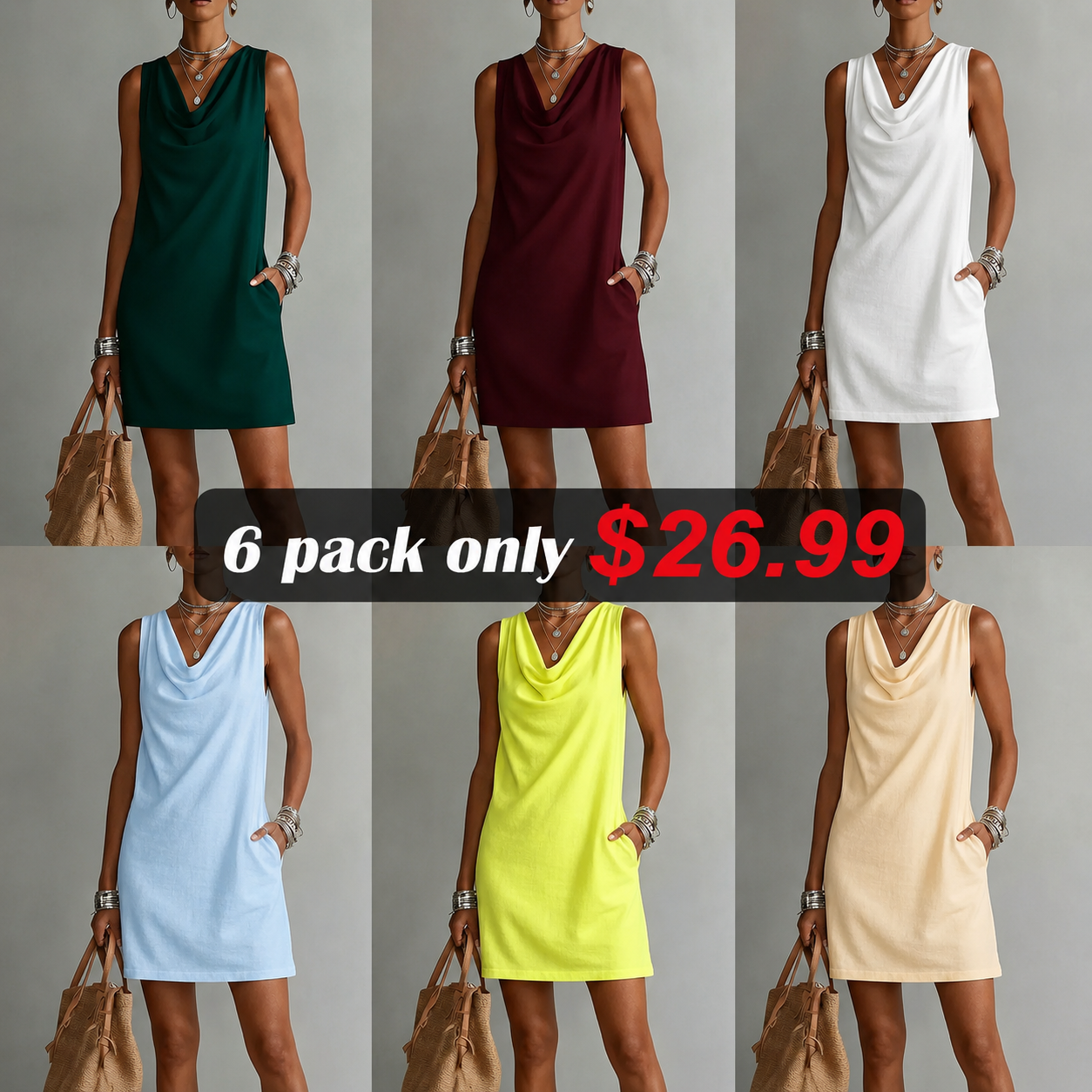 Draped-neck Sleeveless Cotton Dress