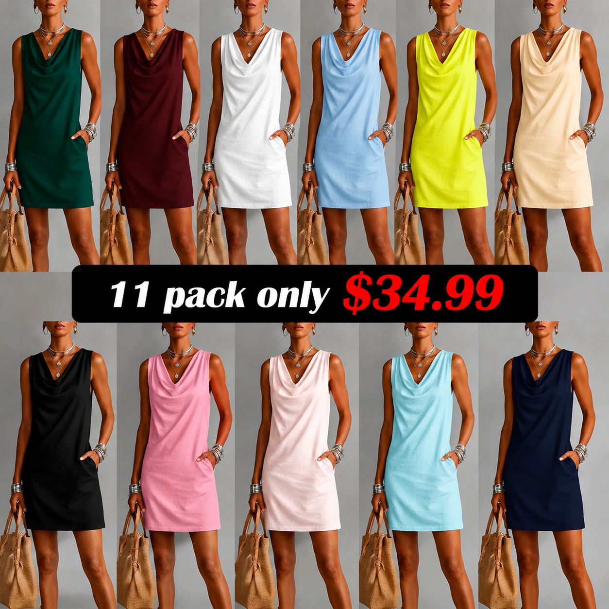 Draped-neck Sleeveless Cotton Dress