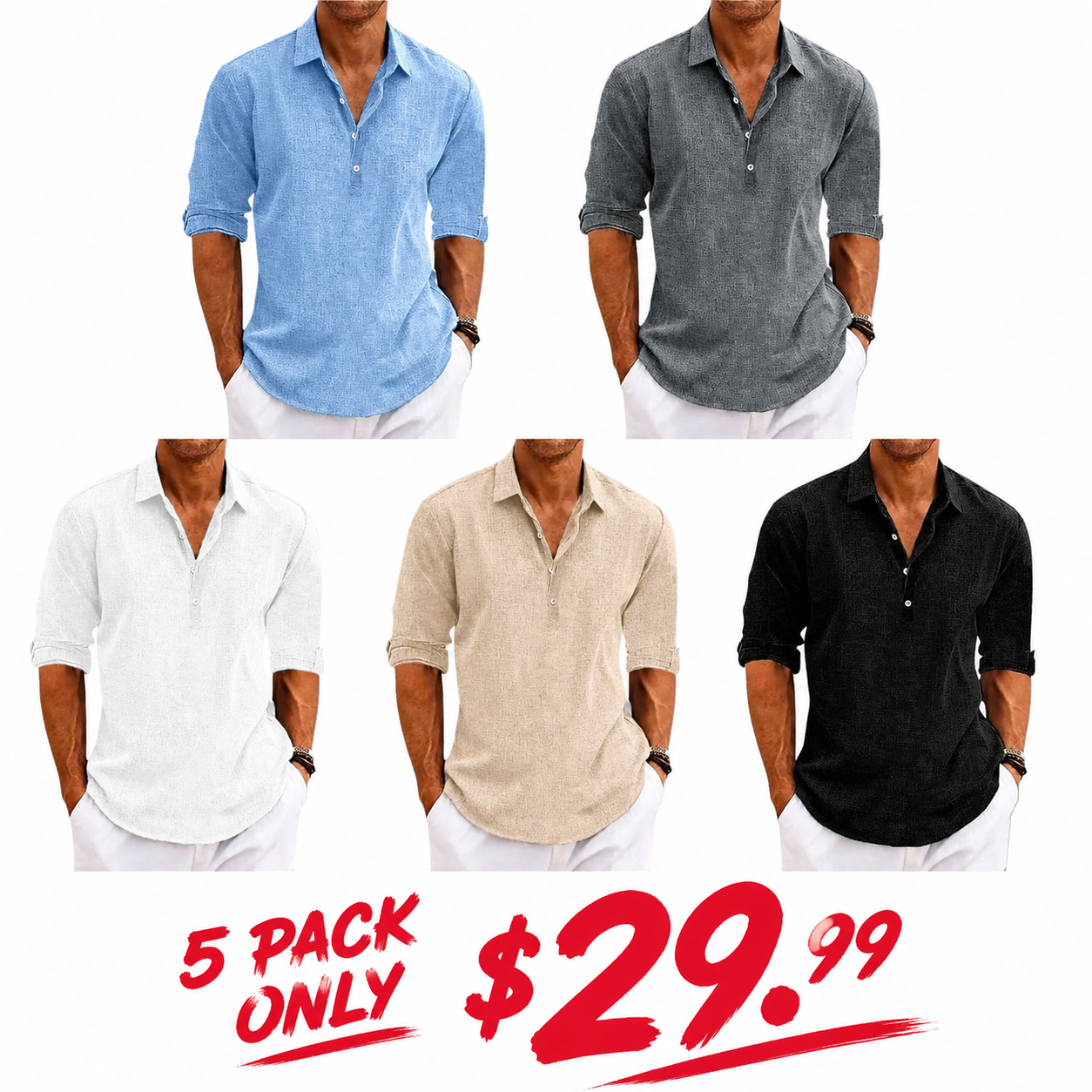 Men's 3/4 Sleeves Polo Shirt - Lightweight Linen