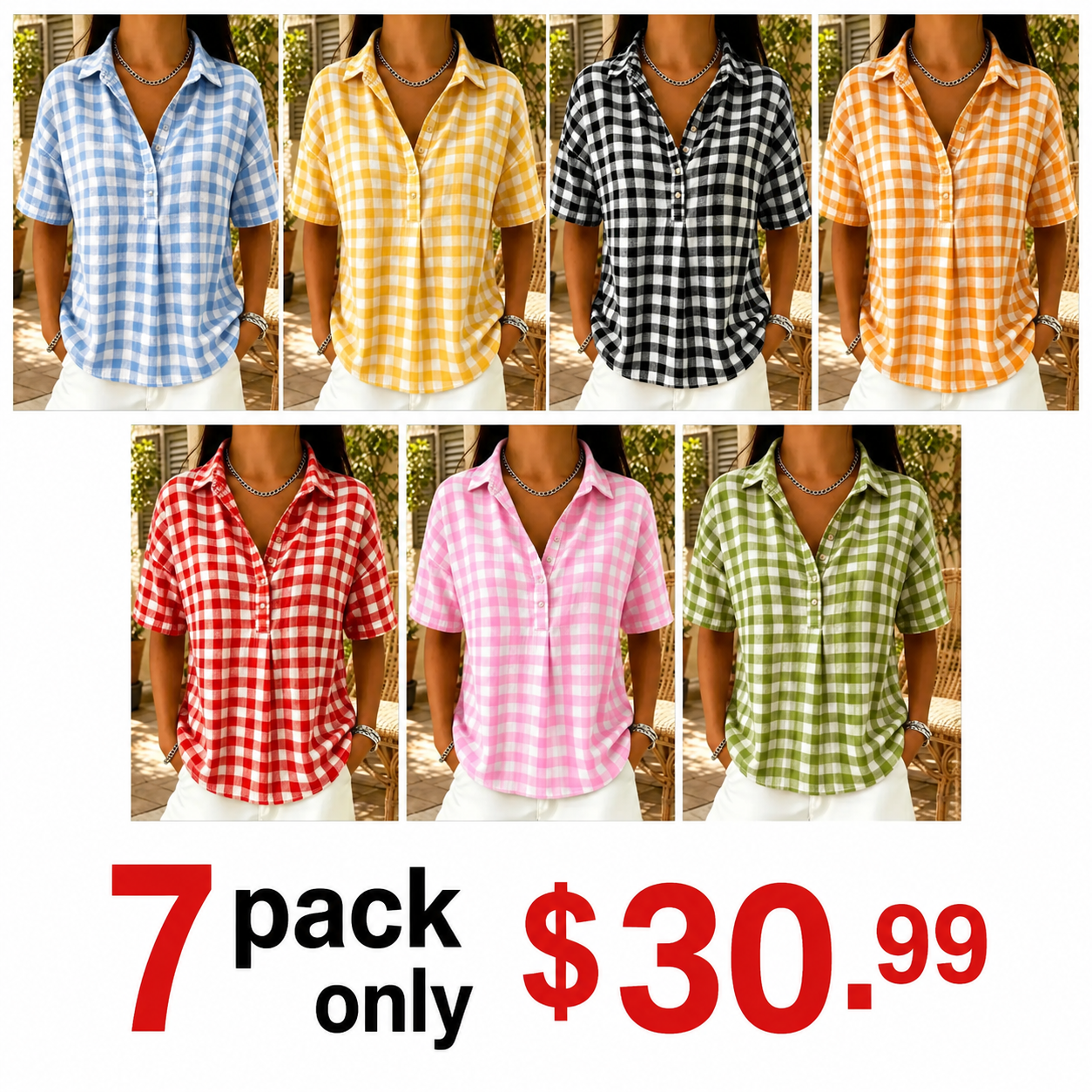 Summer New Women'S Fashion Casual Plaid Short-Sleeved Lapel Shirt