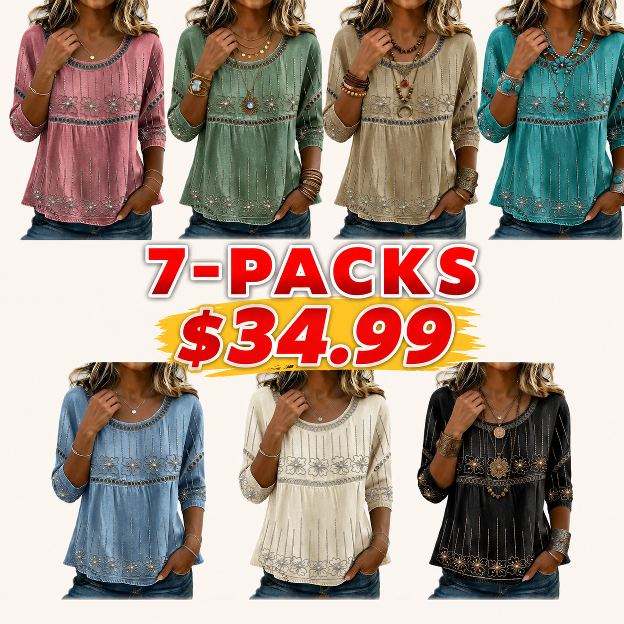 Vintage Floral Art Print Casual 3/4 Sleeves Hollow Denim Shirt