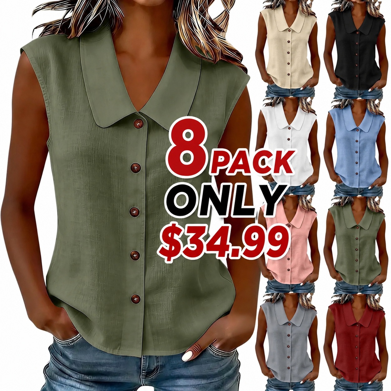 Rvasteizo Women Doll Collar Sleeveless Linen Texture Blouse with Front Button for Fresh Daily Casual Style