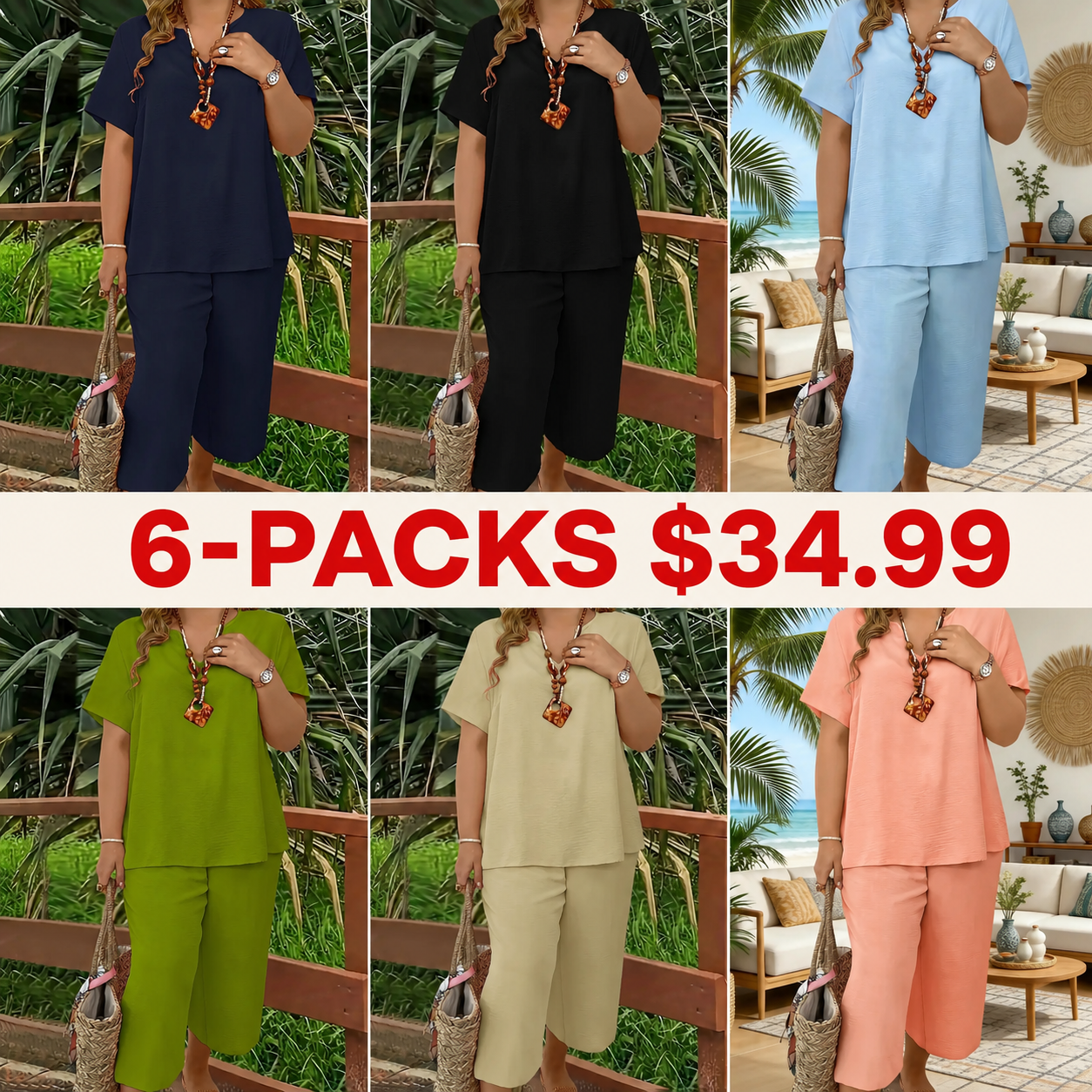Women's Plus Size Elegant Wide Leg Pants Set - Solid Short Sleeve Casual Outfit - Mother's Day Gift