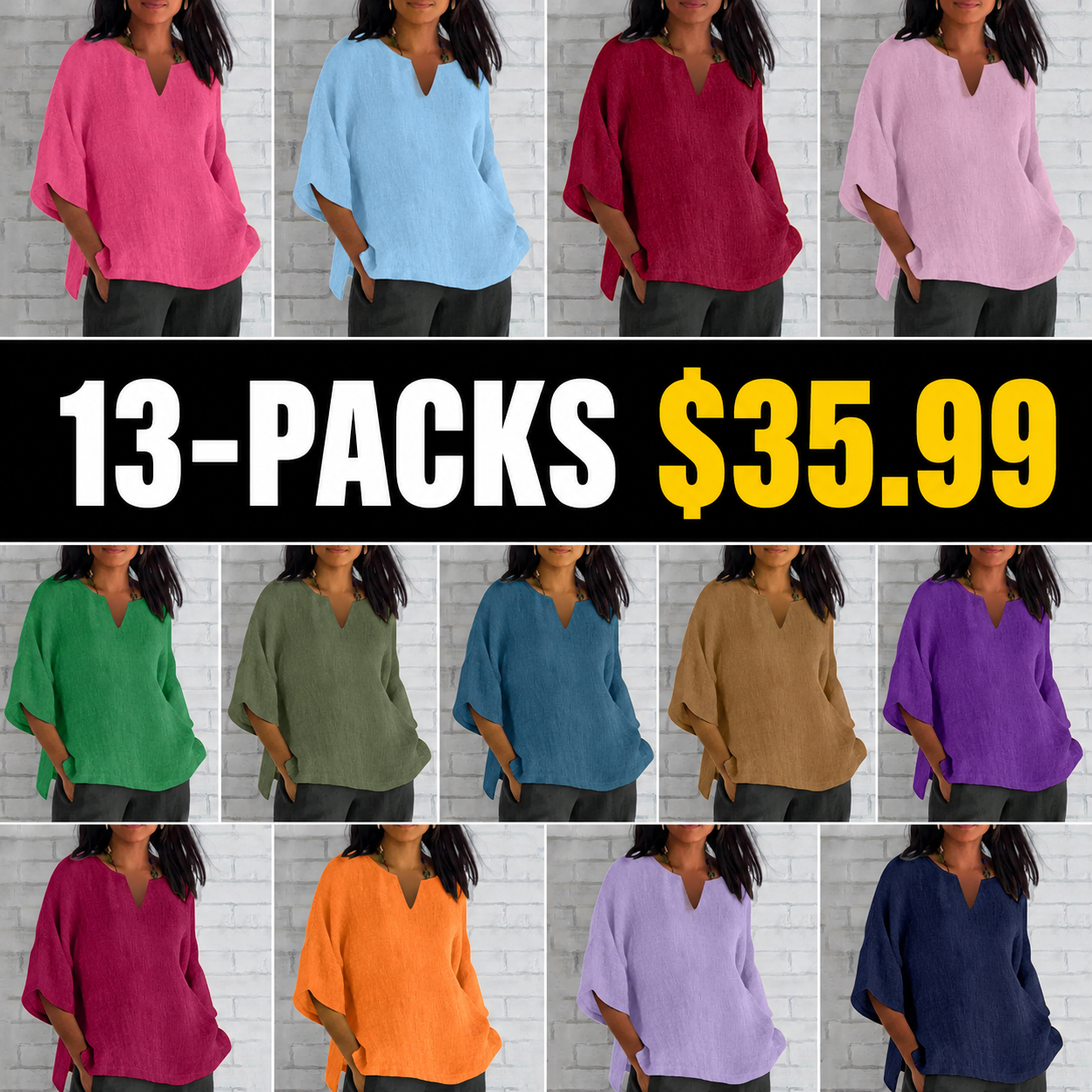 Three-Quarter Sleeve V-neck Split Top