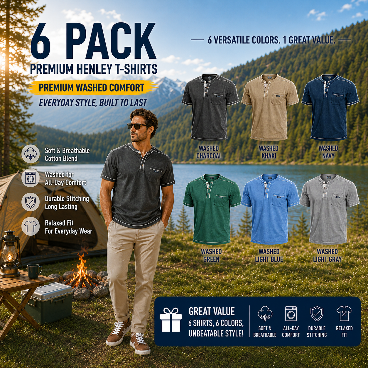 Men's Everyday Pocket Embroidered Label Casual Short-sleeved Henley Shirt