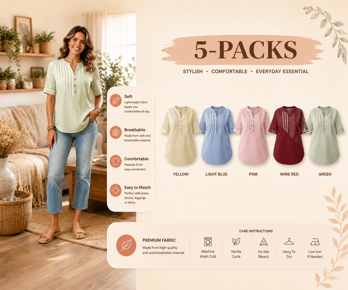Women's Striped Button V-Neck Lightweight Casual Summer Top