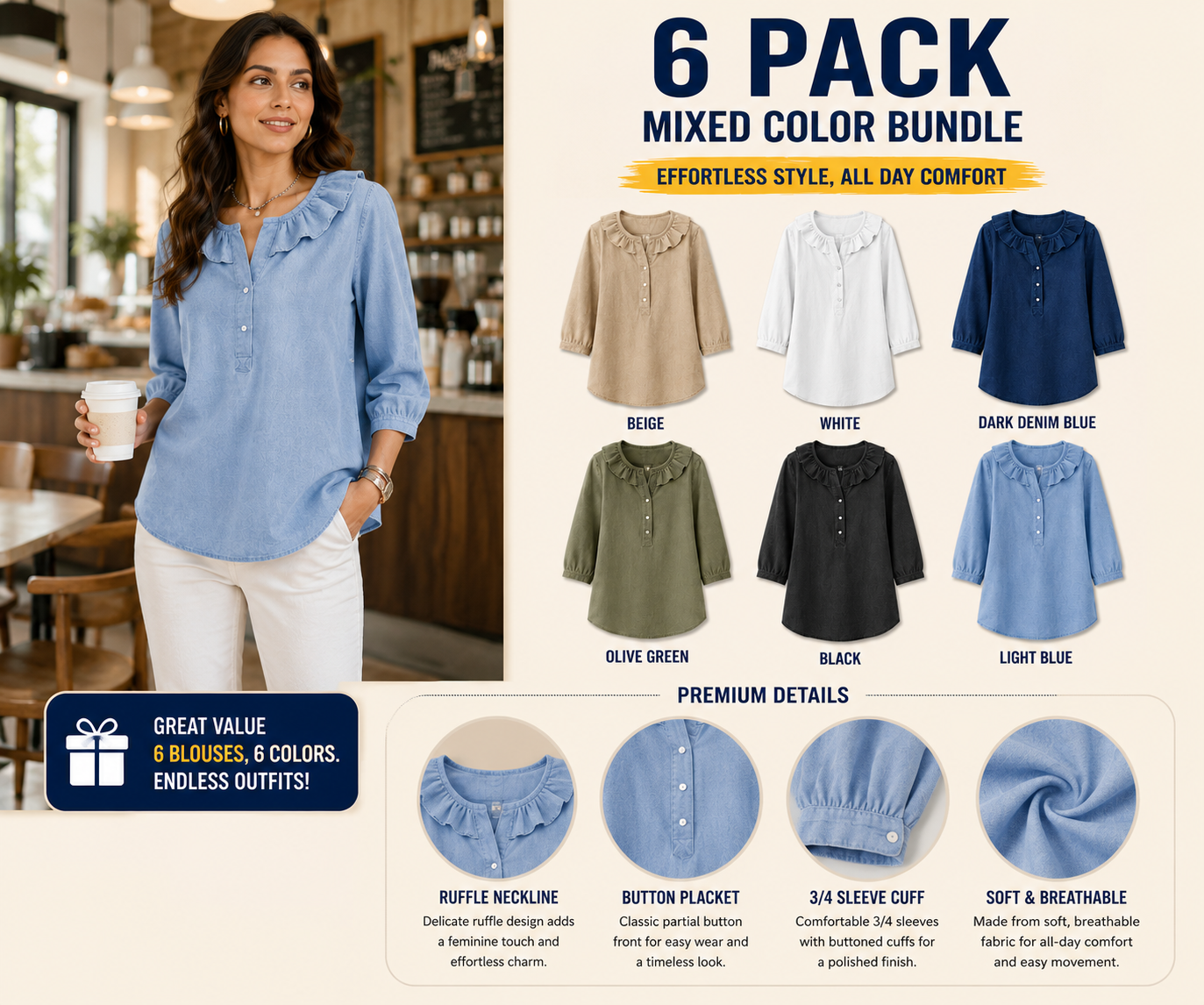 Casual Denim Blouse with Ruffled Henry Collar