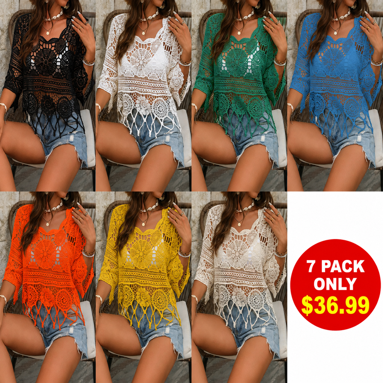 Cute swim cover-up, bohemian-style fringe knitted top