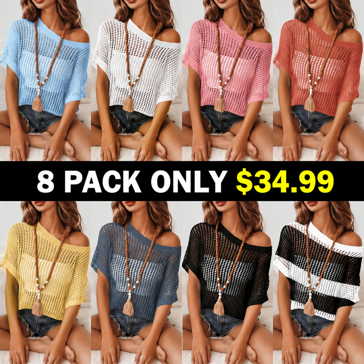 Short Sleeve Crochet Sweater Lightweight Summer Tops Loose Hollow Out Crewneck Pullover