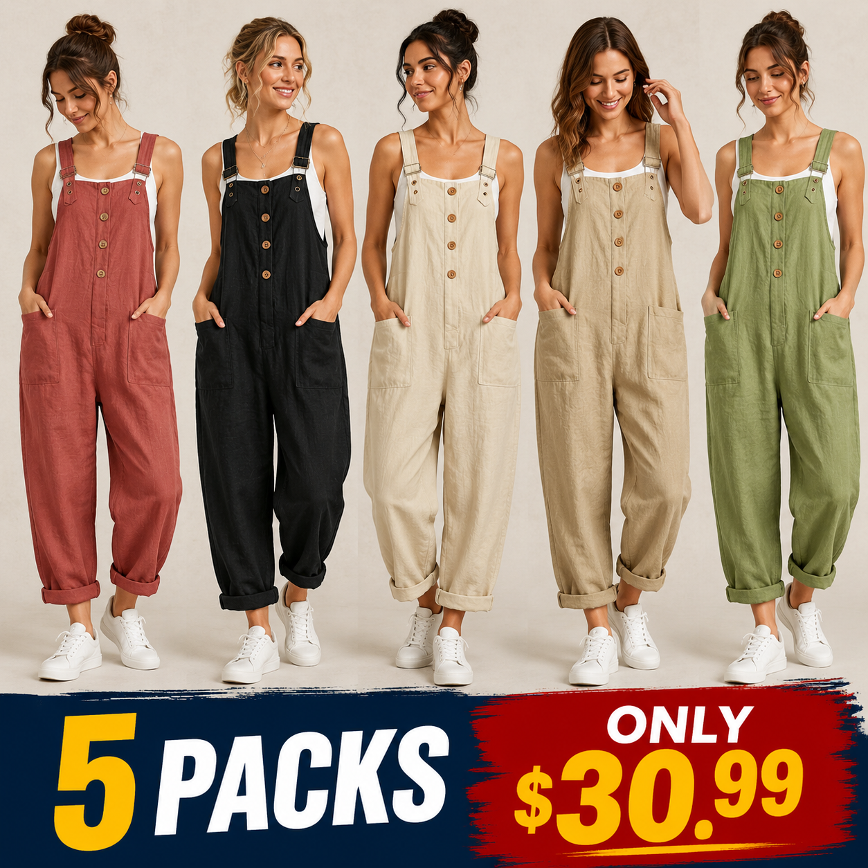 Loose Button-Front Overalls