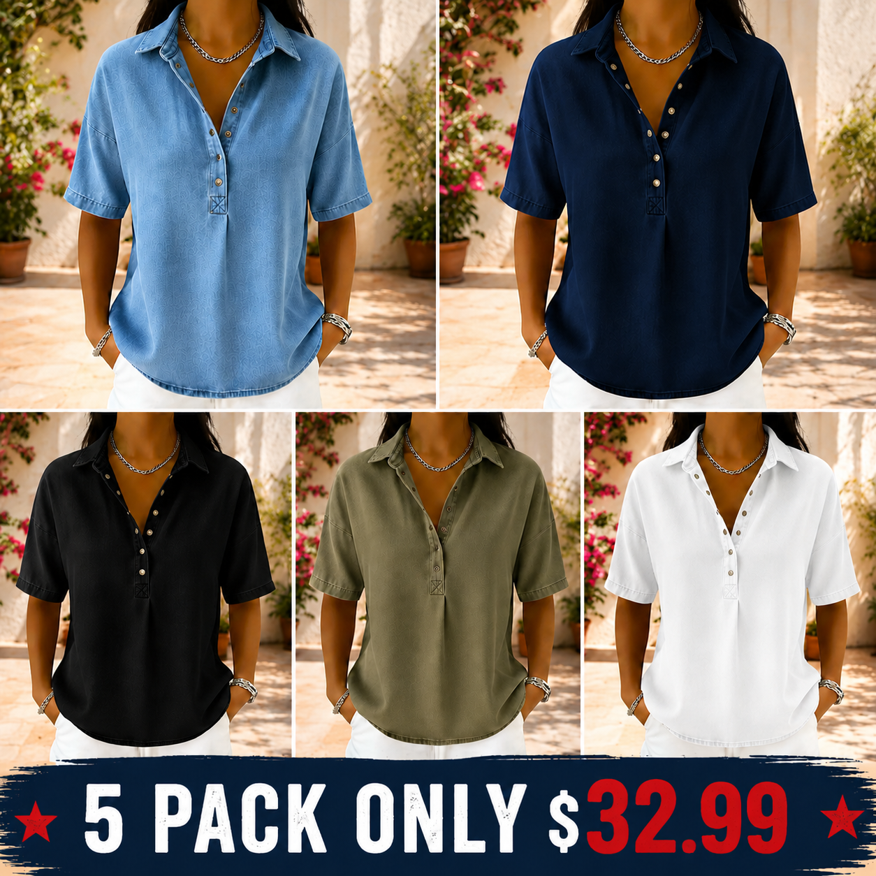 NEW Women's Relaxed Denim-Style Button Detail Top