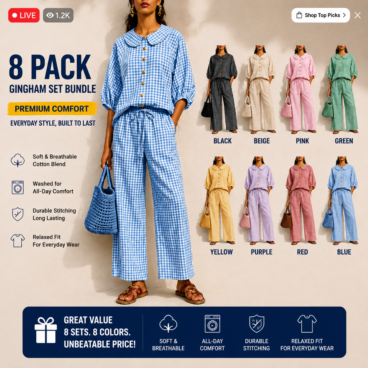 Women's  Gingham Two-Piece Lounge Set – Relaxed Fit Button-Up Top & Wide Leg Pants