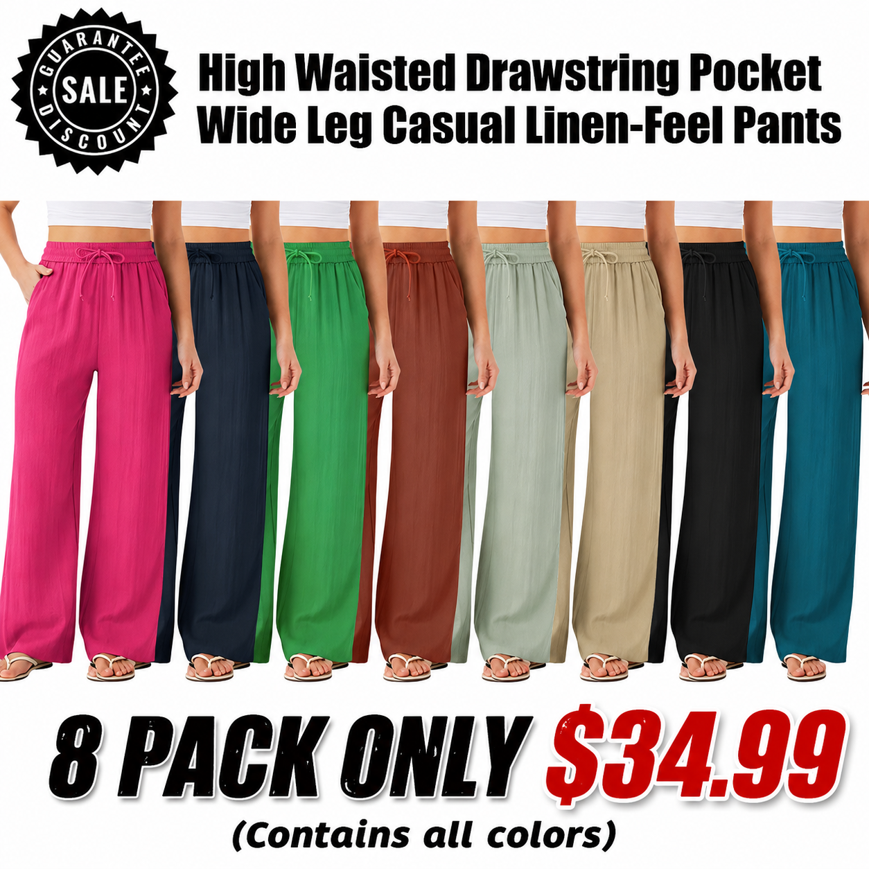 High Waisted Drawstring Pocket Wide Leg Casual Linen-Feel Pants