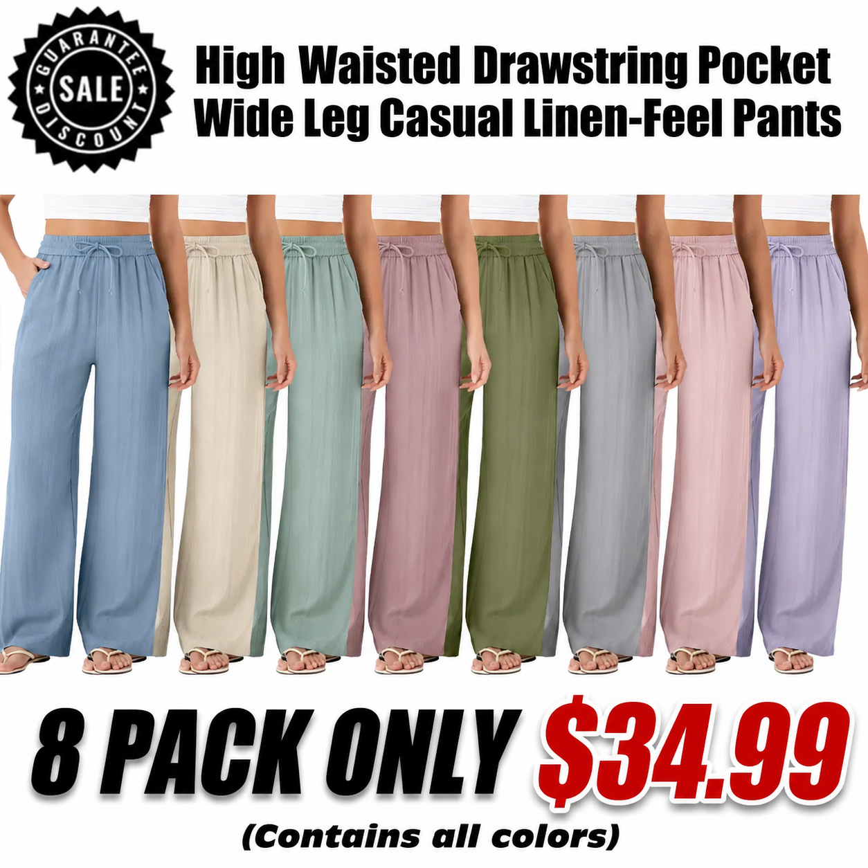High Waisted Drawstring Pocket Wide Leg Casual Linen-Feel Pants