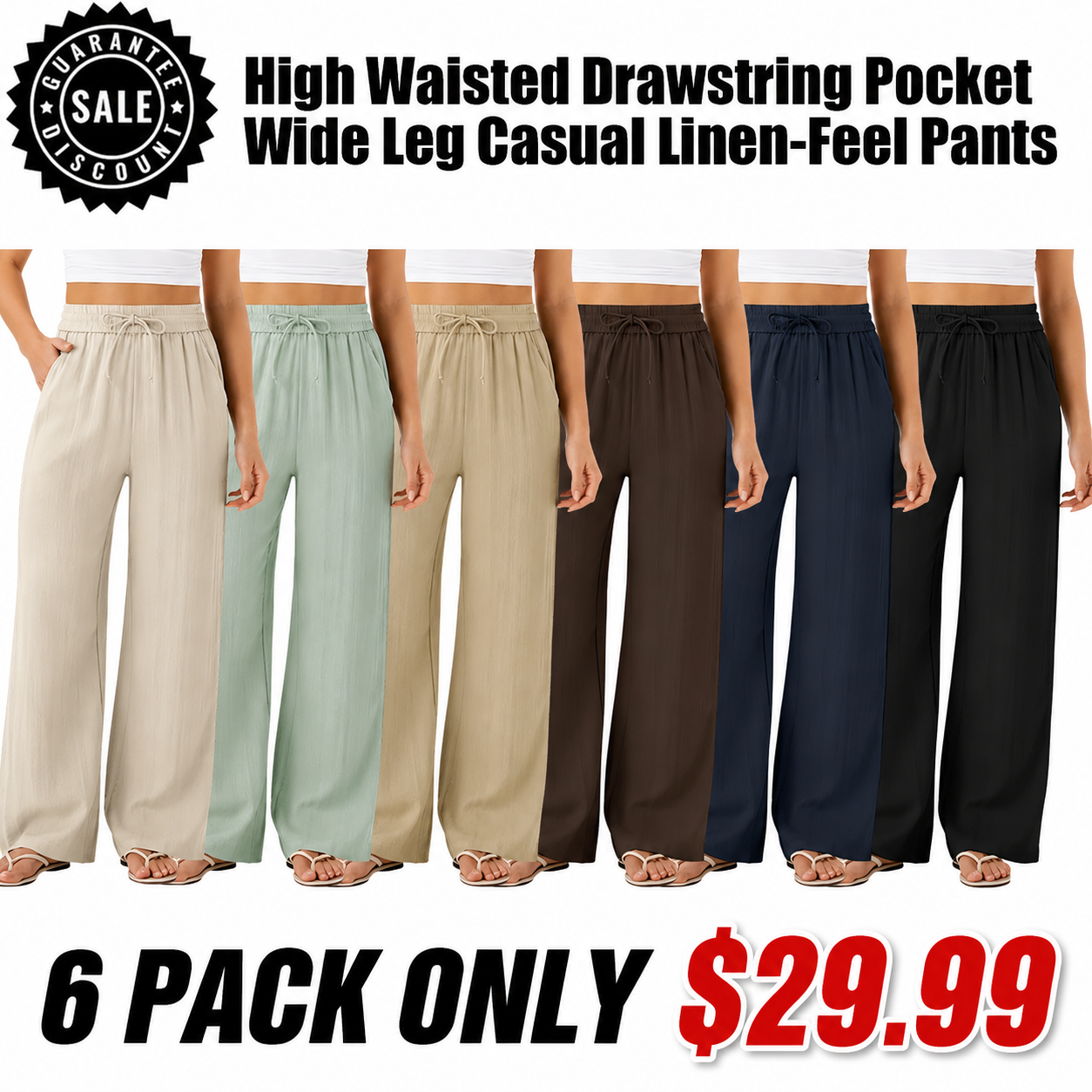High Waisted Drawstring Pocket Wide Leg Casual Linen-Feel Pants