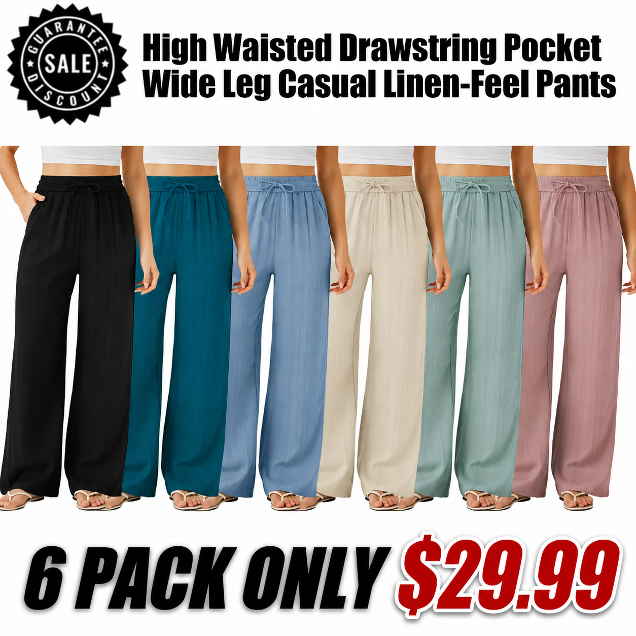 High Waisted Drawstring Pocket Wide Leg Casual Linen-Feel Pants