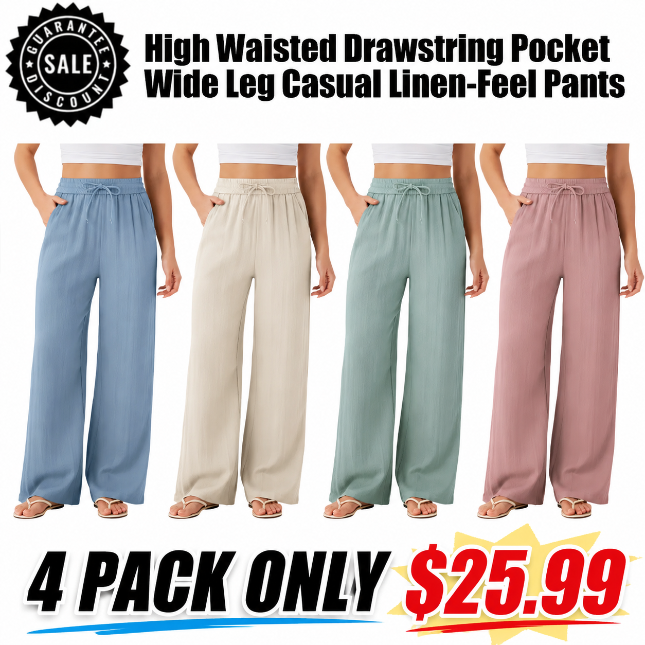 High Waisted Drawstring Pocket Wide Leg Casual Linen-Feel Pants