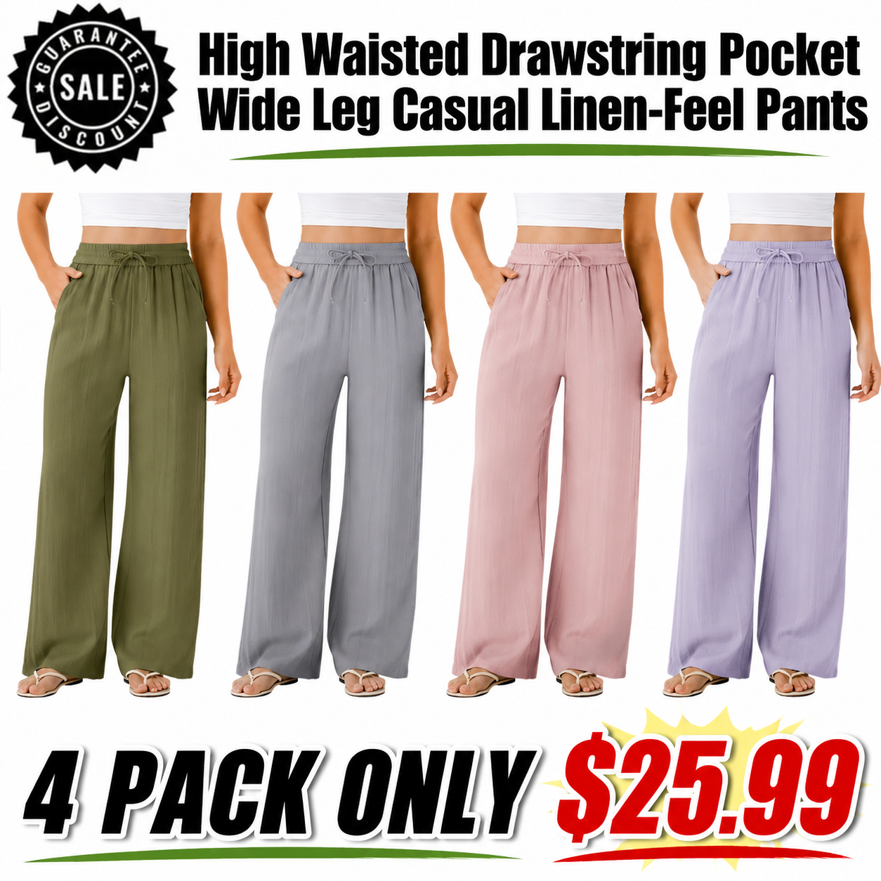 High Waisted Drawstring Pocket Wide Leg Casual Linen-Feel Pants