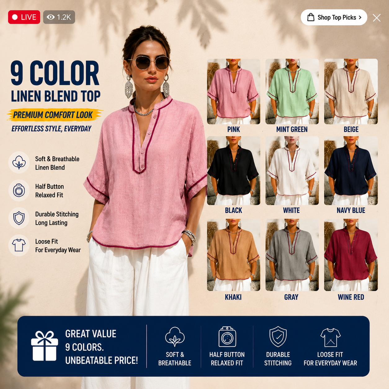 Women's Casual Linen Blend V-Neck Tunic Top – Relaxed Fit Short Sleeve Blouse