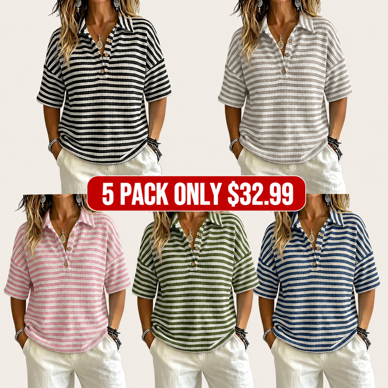 CLEARANCE SALE Women'S Fashion Striped Waffle Short-Sleeved Polo Shirt