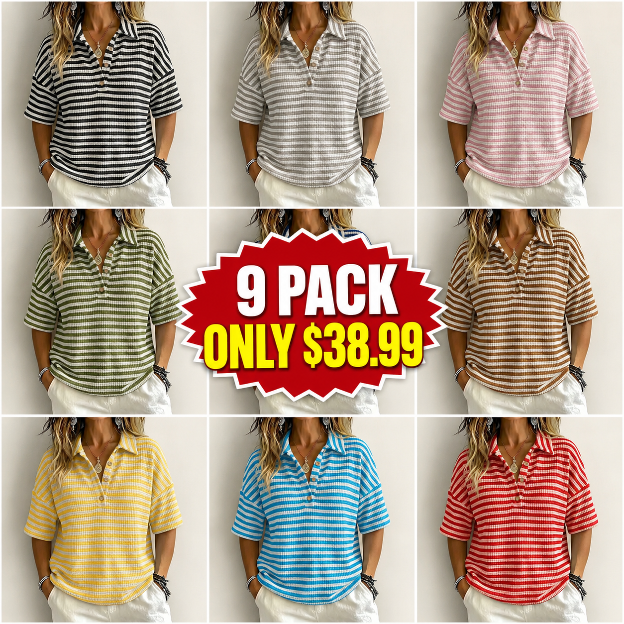 CLEARANCE SALE Women'S Fashion Striped Waffle Short-Sleeved Polo Shirt