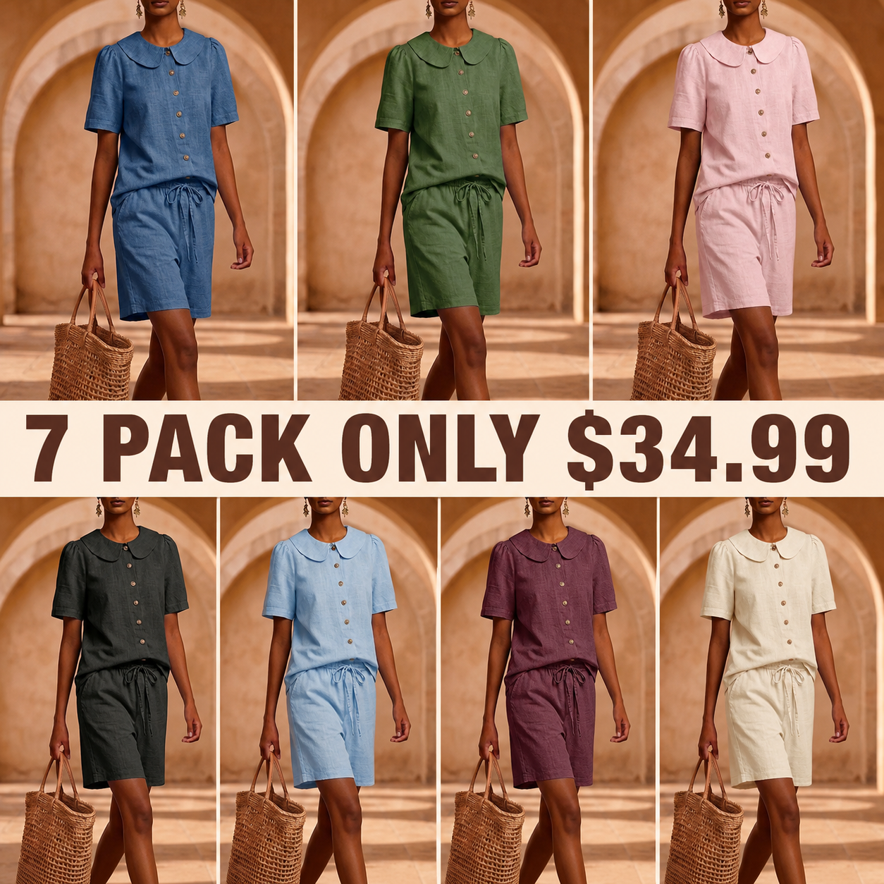 New Arrivals🔥 Stylish Peter Pan Collar Short Shirt and Wide-leg Short Pant Linen Two-piece Set