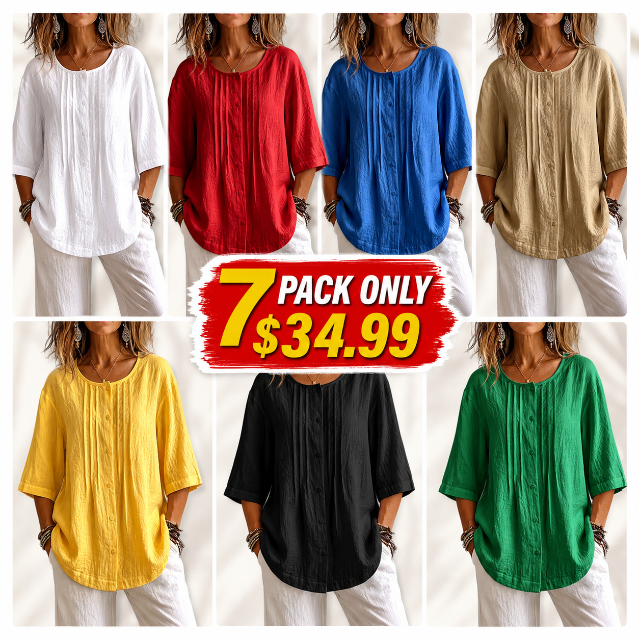 Women's round-neck three-quarter sleeve pleated blouse