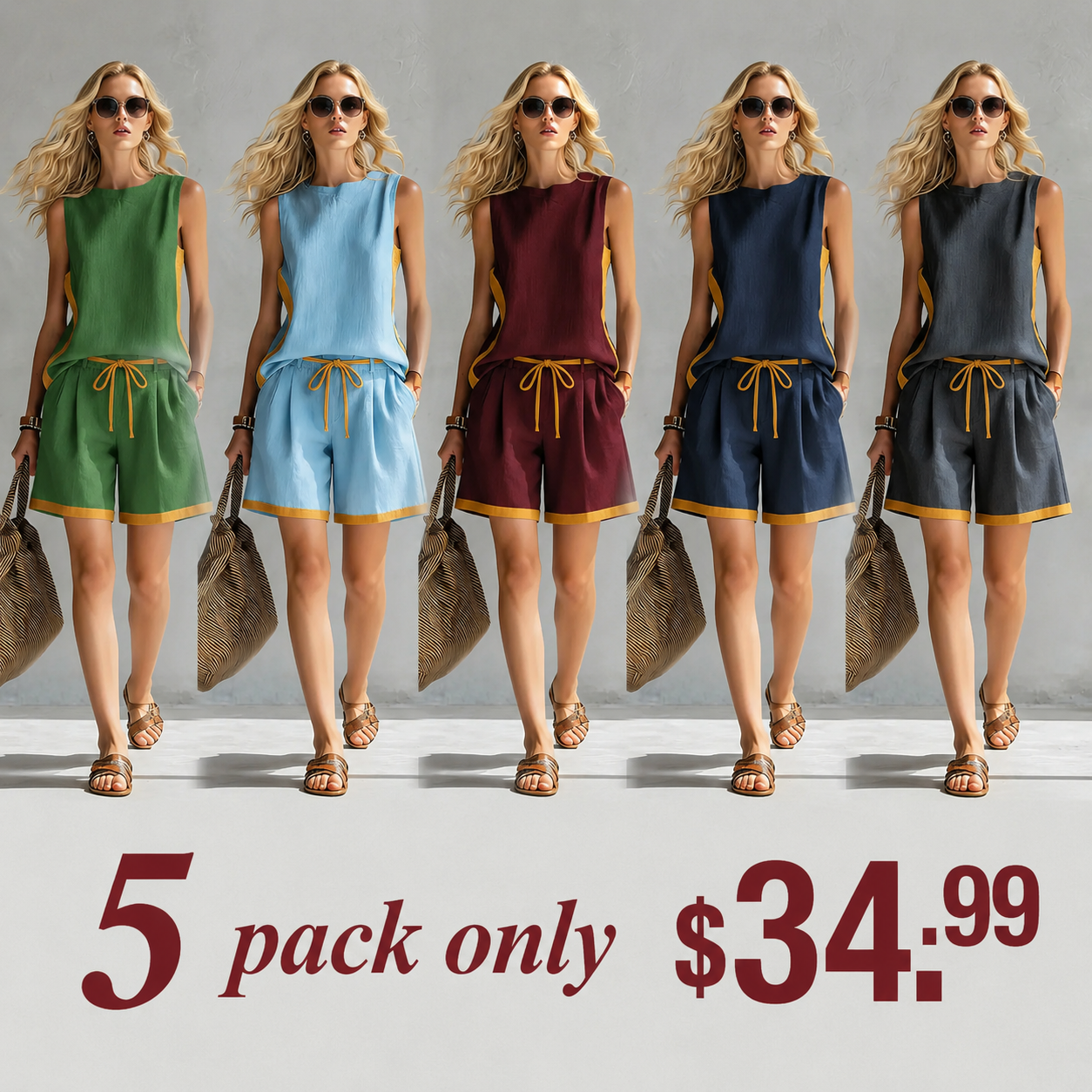 Women's Round Neck Sleeveless Casual Loose Vest And Elastic Waist Casual Loose Shorts Cotton And Linen Set.