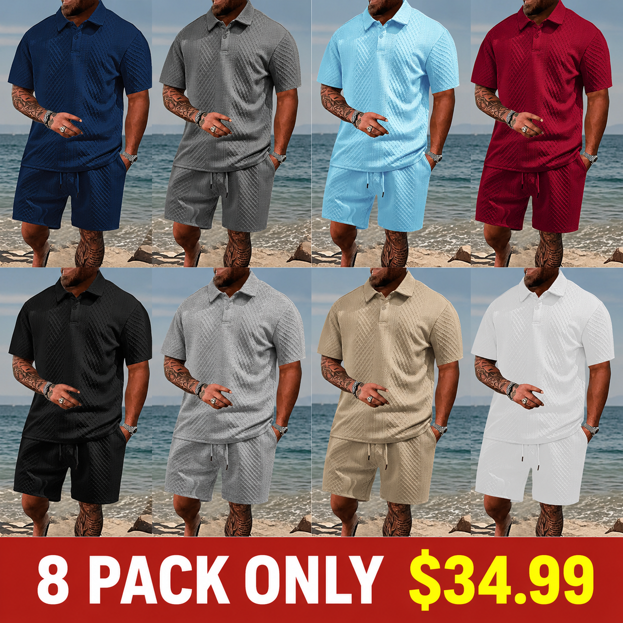 Men's Solid Polo Shirt & Drawstring Waist Shorts Set, Cozy Breathable Two-piece Outfits
