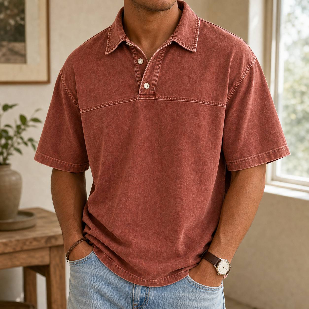 Men's Garment-Dyed Short Sleeve Henley Collar Polo Shirt