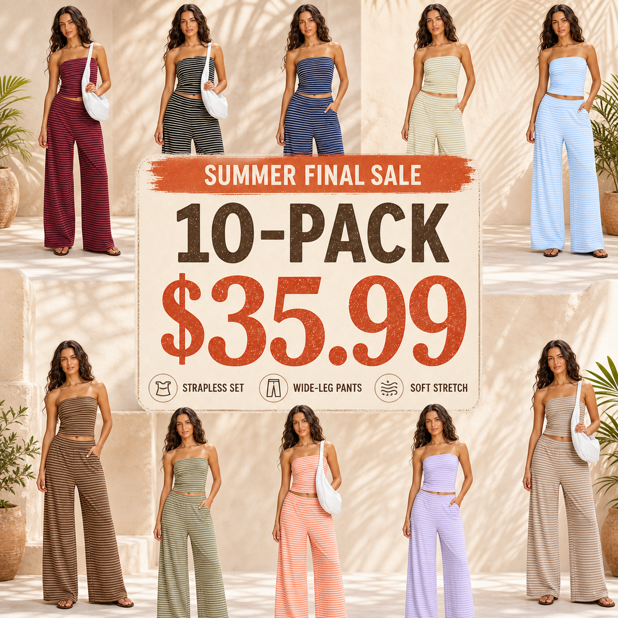 Women's Striped Strapless Crop Top and Wide-Leg Pants Two-Piece Set