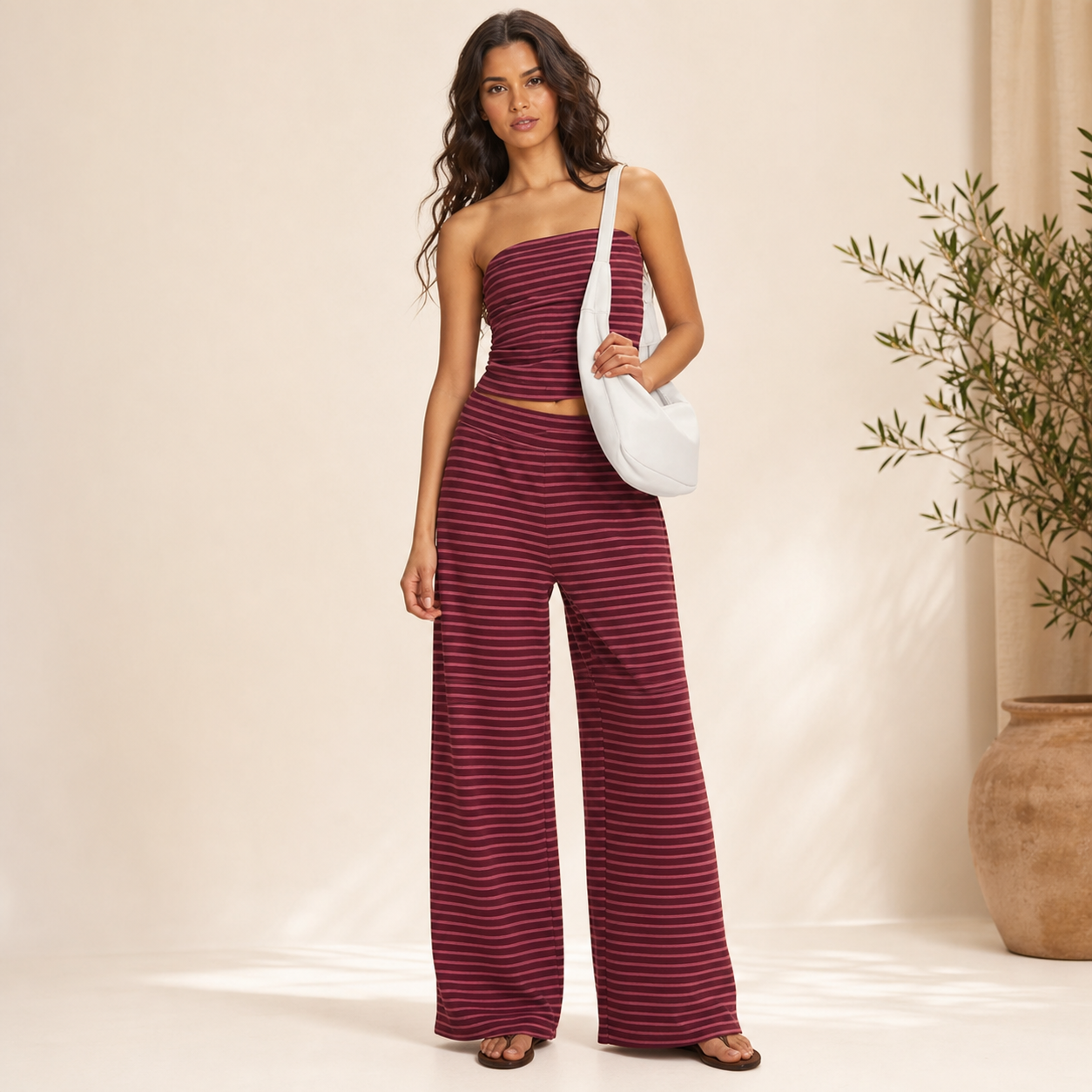 Women's Striped Strapless Crop Top and Wide-Leg Pants Two-Piece Set