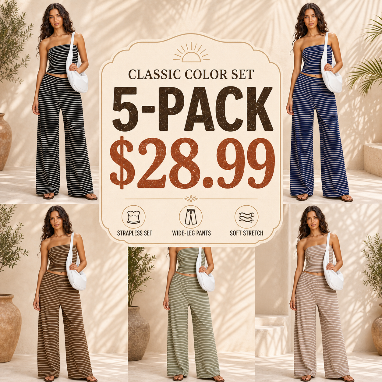 Women's Striped Strapless Crop Top and Wide-Leg Pants Two-Piece Set