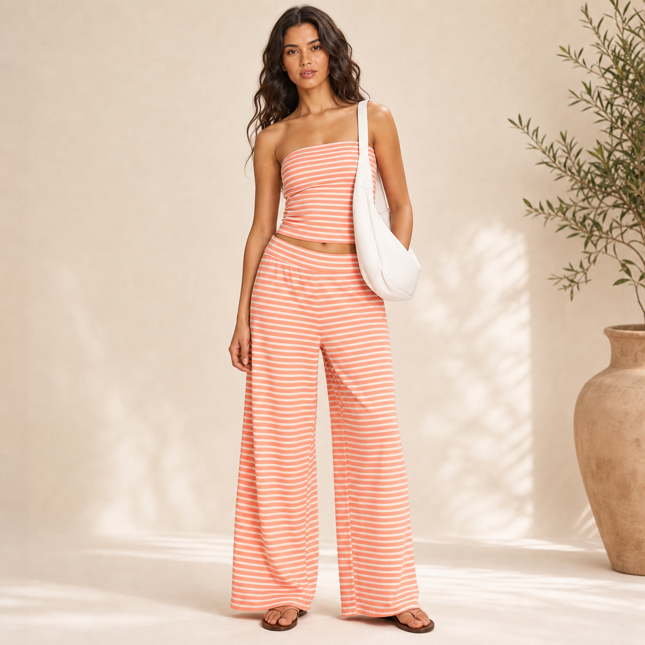 Women's Striped Strapless Crop Top and Wide-Leg Pants Two-Piece Set