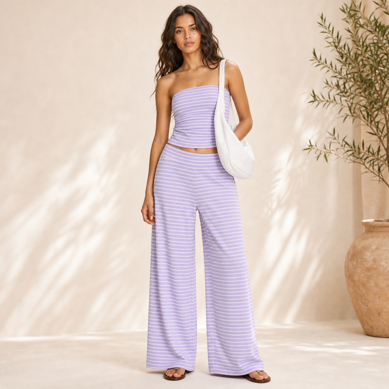 Women's Striped Strapless Crop Top and Wide-Leg Pants Two-Piece Set