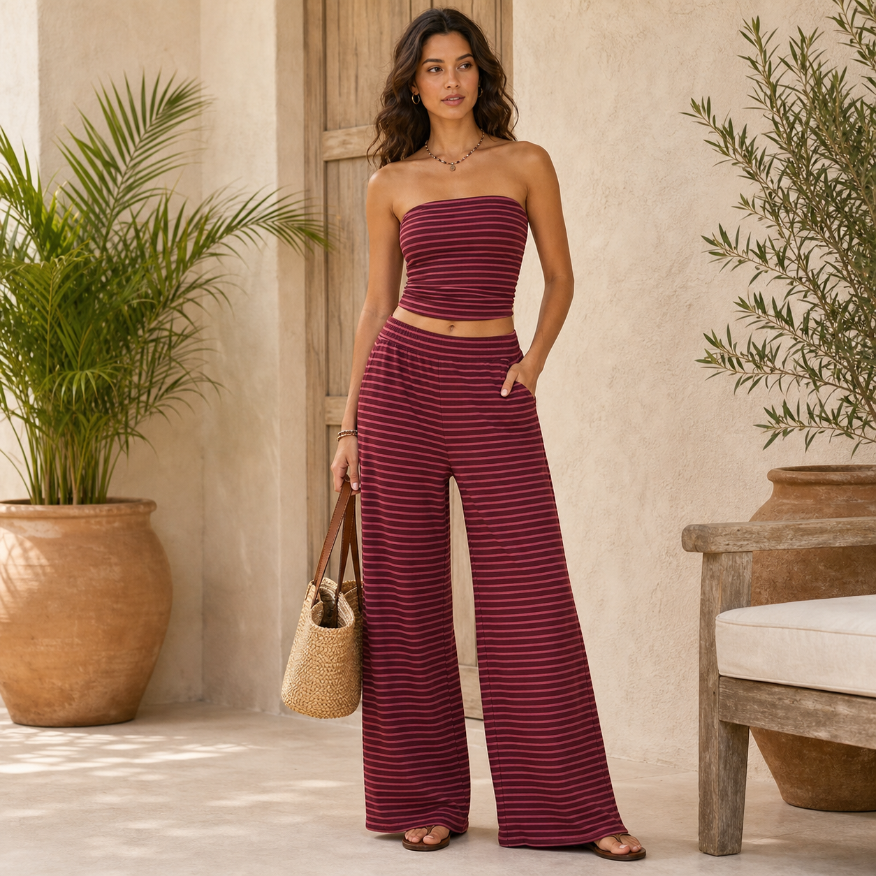 Women's Striped Strapless Crop Top and Wide-Leg Pants Two-Piece Set