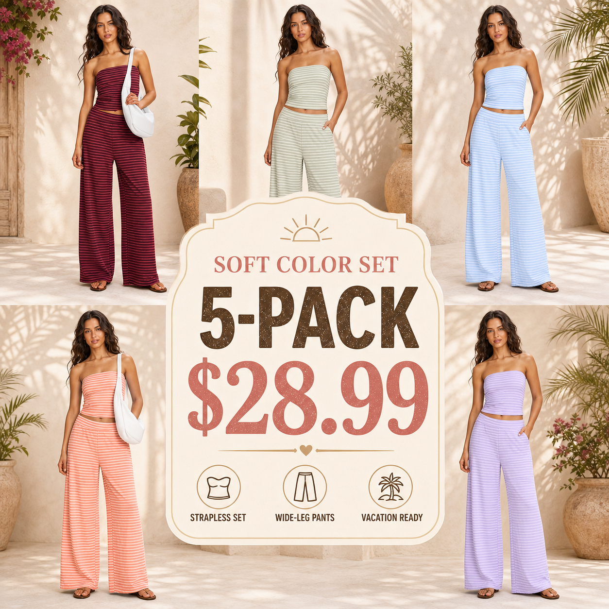 Women's Striped Strapless Crop Top and Wide-Leg Pants Two-Piece Set