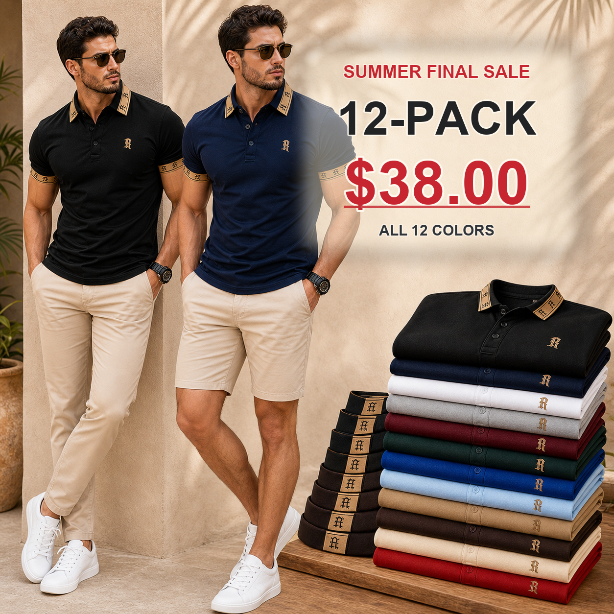 12-Pack - All 12 Colors - Men's Contrast Trim Monogram Short Sleeve Polo Shirt