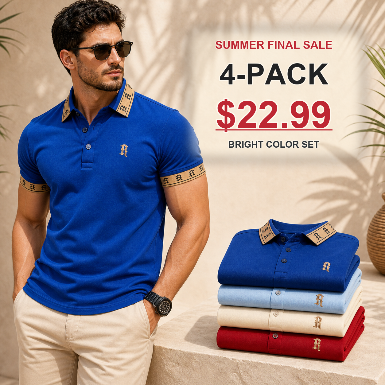 Bright 4-Pack - Men's Contrast Trim Monogram Short Sleeve Polo Shirt